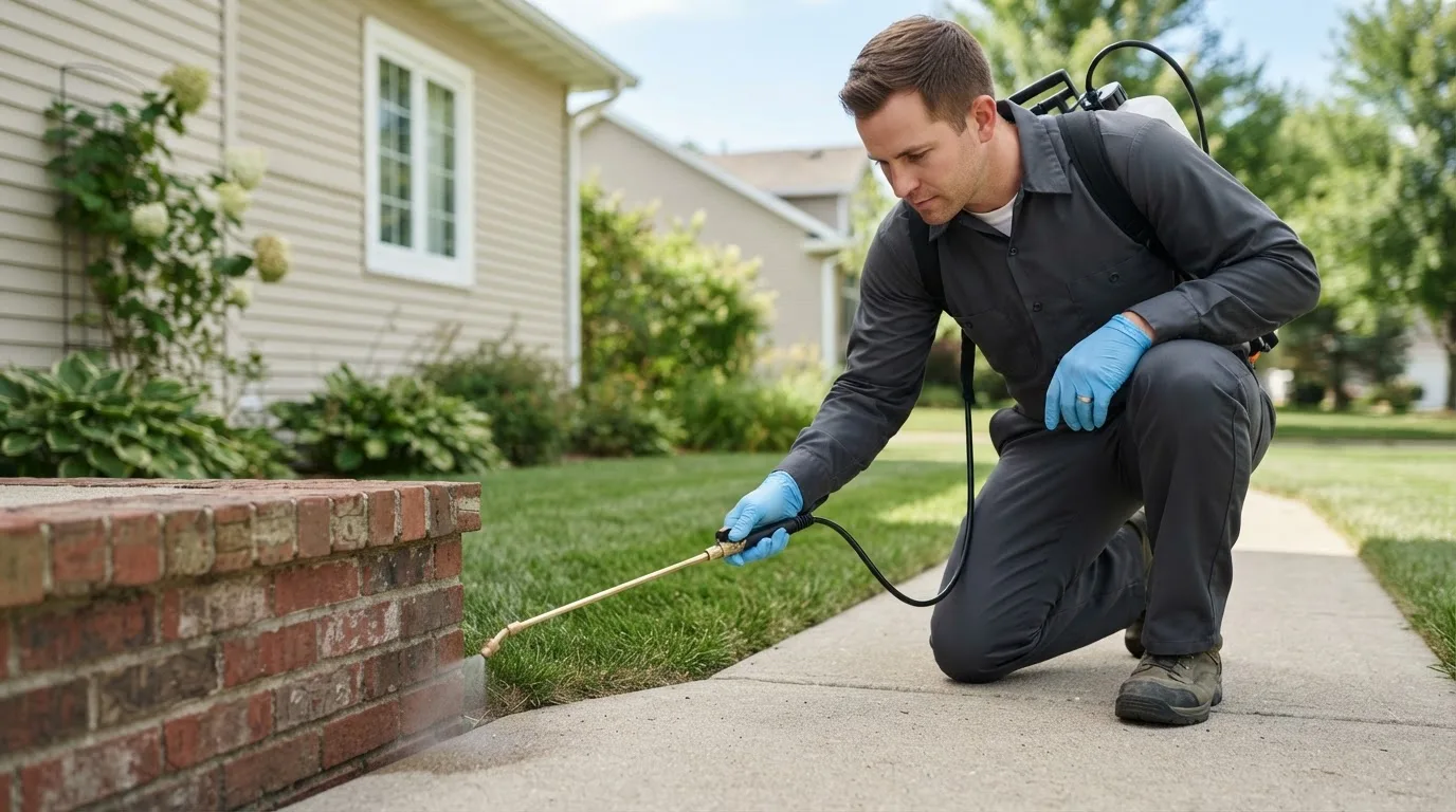 Pest control technician treating a home near Millican, TX