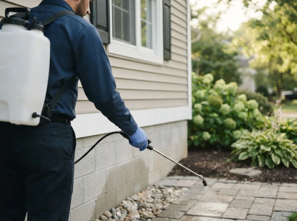 Pest control technician inspecting a home in Millican, TX